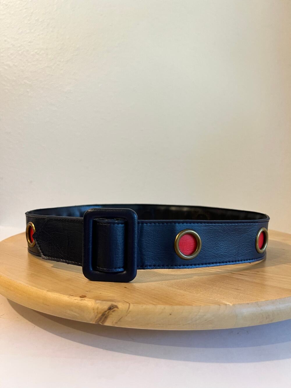 Vintage 1970s Vegan Leather Navy Blue Gold Round Red Wrap Belt Size XS-Small